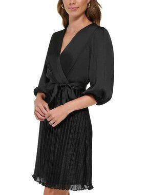 DKNY Women's Black Pleated Balloon Sleeve Faux Wrap Dress Lined Belted Size 12